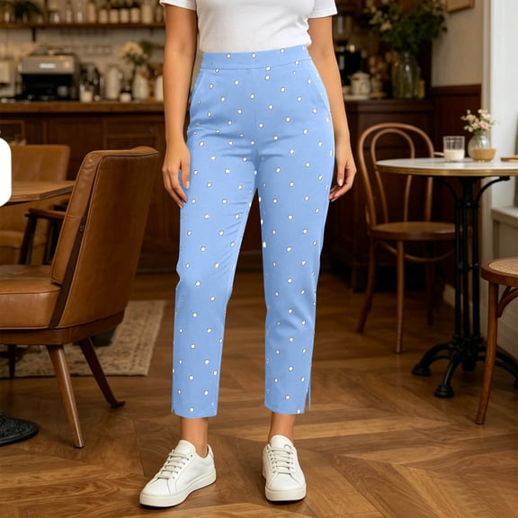 LEKWK Polka Dot Straight Leg Pants for Women High Waisted Casual Wide Leg Pants Lightweight Loose Side Slit Lounge Trousers Fall Fashion Clothes