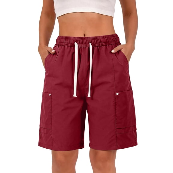 Evdexr Cargo Shorts Women Knee Length Drawstring Bermuda Shorts 2026 Elastic Waist Hiking Shorts Oversized Belted Casual Short with Multi Pockets Wine XL