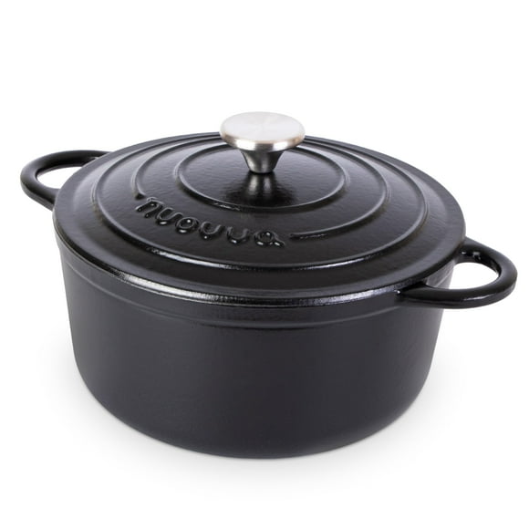 Olla de hierro fundido con tapa – Cacerola esmaltada antiadherente, apta para horno hasta 260 °C – Resistente olla holandesa – Negra, 5 cuartos, 24 cm – de Nuovva