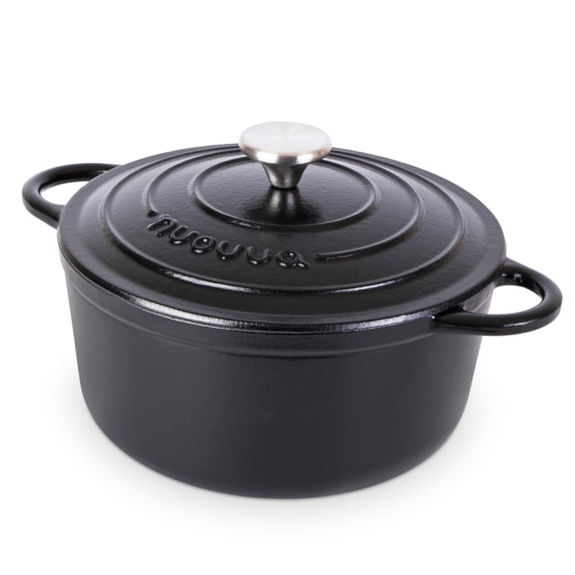 Olla de hierro fundido con tapa – Cacerola esmaltada antiadherente, apta para horno hasta 260 °C – Resistente olla holandesa – Negra, 5 cuartos, 24 cm – de Nuovva