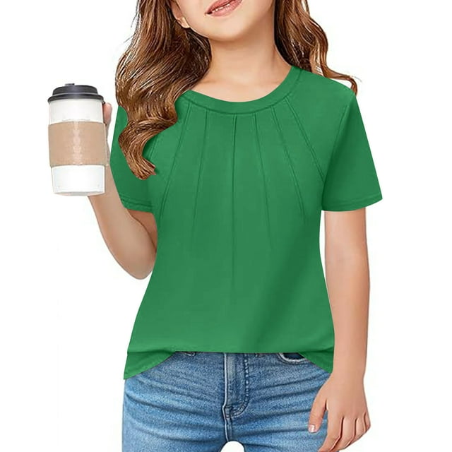LWFFDAW T-Shirts pour Filles, Manches Courtes, Col Rond, Été, Décontracté, Basique, Mode, Plissé