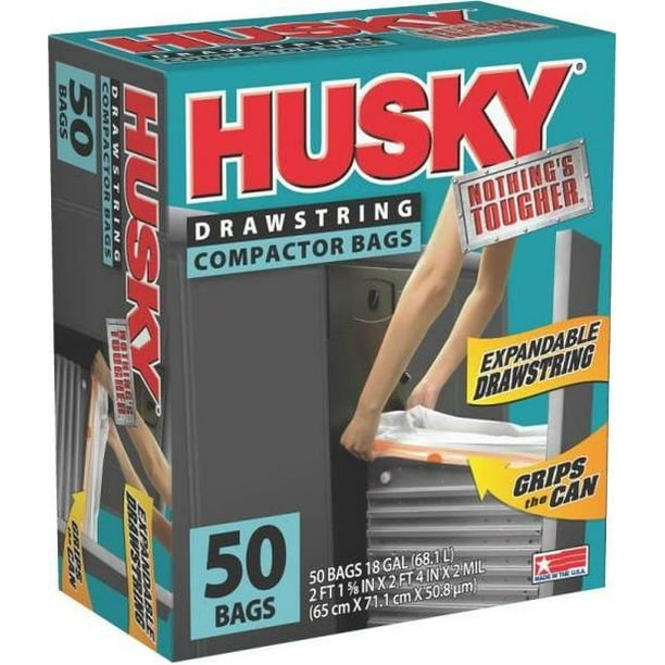 Husky HK18XDS050W Drawstring Compactor Trash Bags, White, 18Gallon, 50
