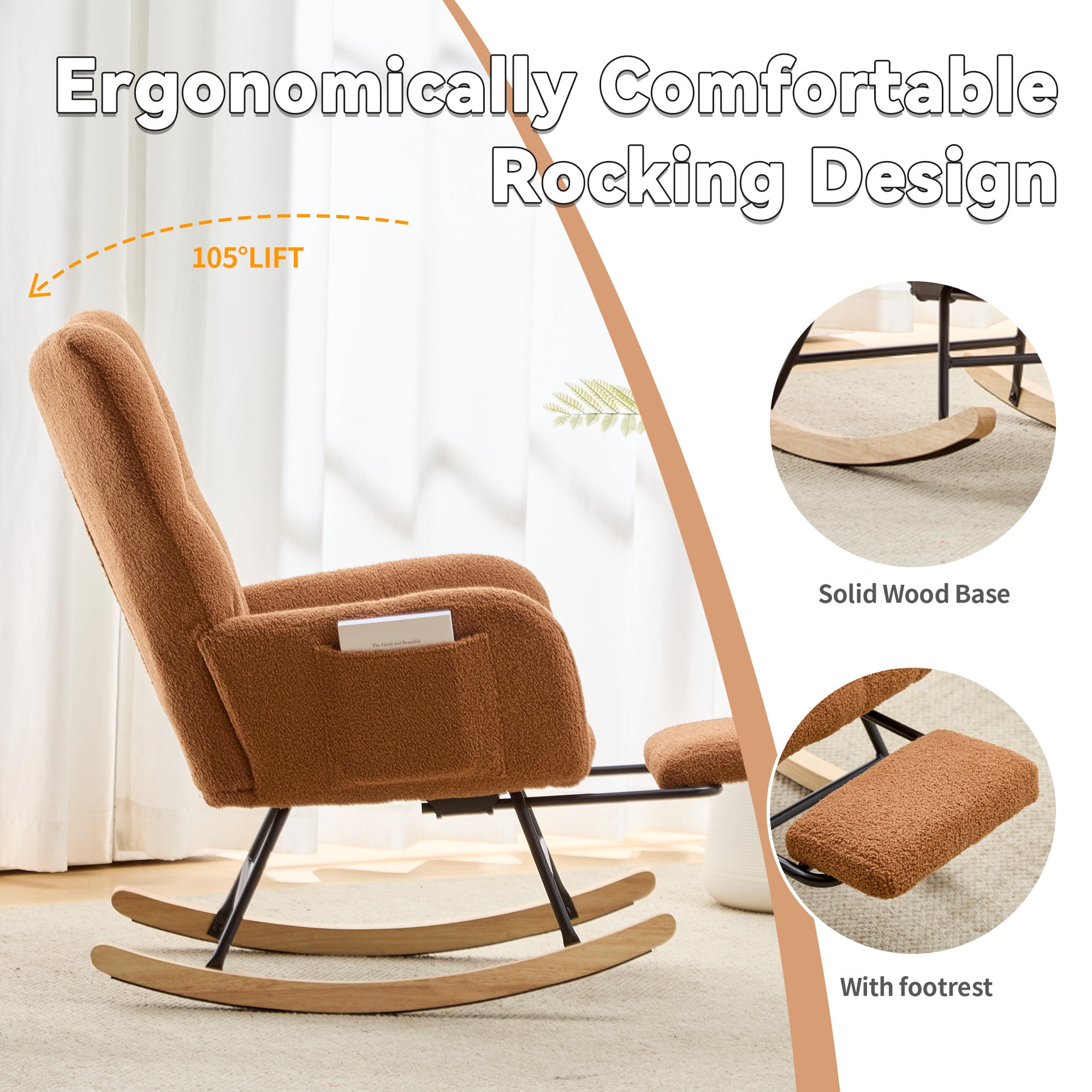 Leumius Nursery Rocking Chair with Footrest,Teddy Fabric Upholstered Glider Rocker Chair with High Backrest,Side Storage Pocket & Solid Wood Legs,Comfy Accent Chair for Living Room Bedroom,Brown