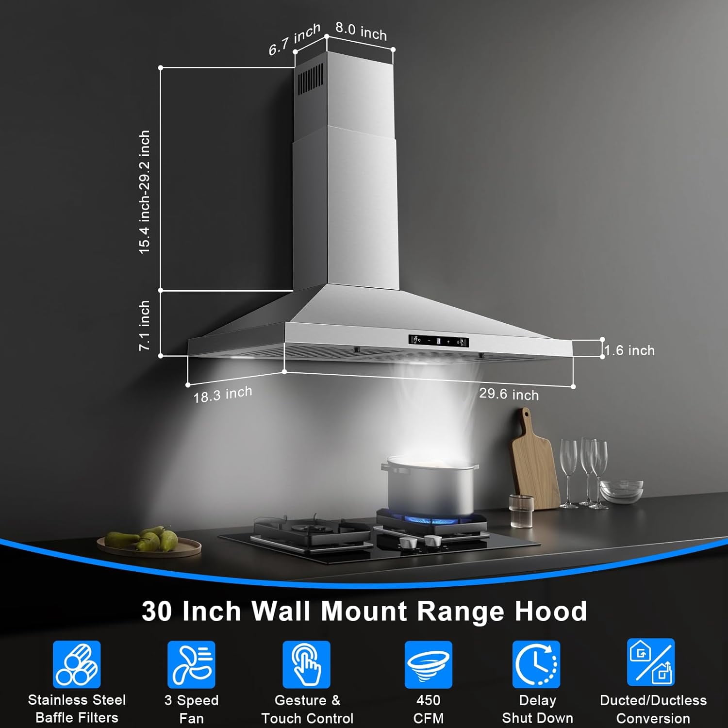 Wall Mount Range Hood 30 inch, Ducted/Ductless Range Hood with Gesture Sensing & Touch Control, Kitchen Hood 30 inch 450CFM, Vent Hood w/Stainless Steel Baffle Filters, 3 Speed Fan