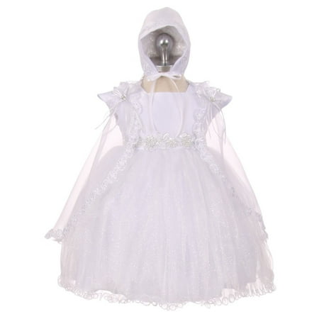 RainKids Baby Girls White Sparkly Tulle Cape Bonnet Christening Dress