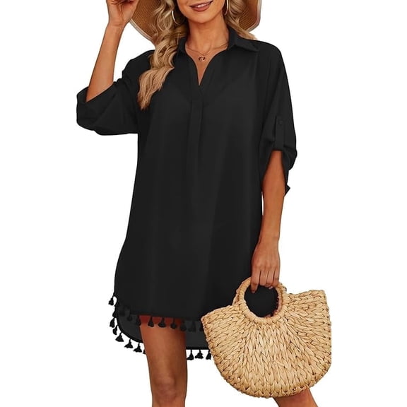 UZMOG Swimsuit Coverup for Women, Beach Shirt Dresses Vacation Clothes for Women Bathing Suit Cover Ups for Swimwear Black