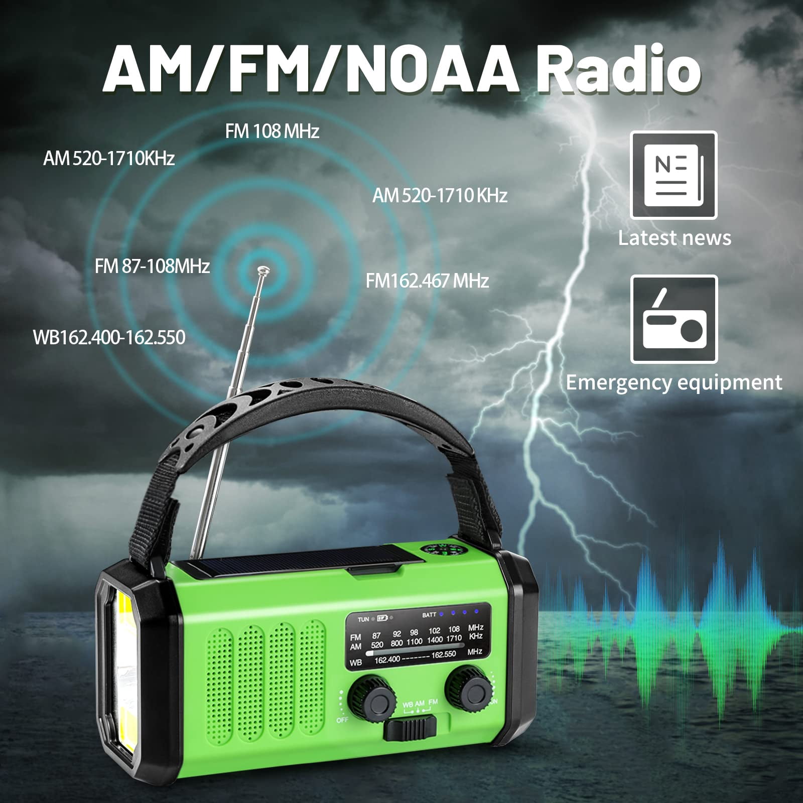 Emergency Hand Crank Radio With 10000mah/37000mwh Backup  Am Fm Noaa Weather Type-c Charge Solar Sos 3 Modes Led Flashlight Reading Lamp Compass For Outdoor