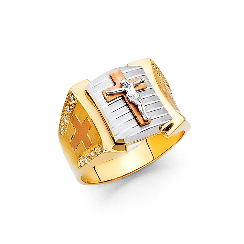 14K Tri Color Solid Gold CZ Religious Ring Ioka