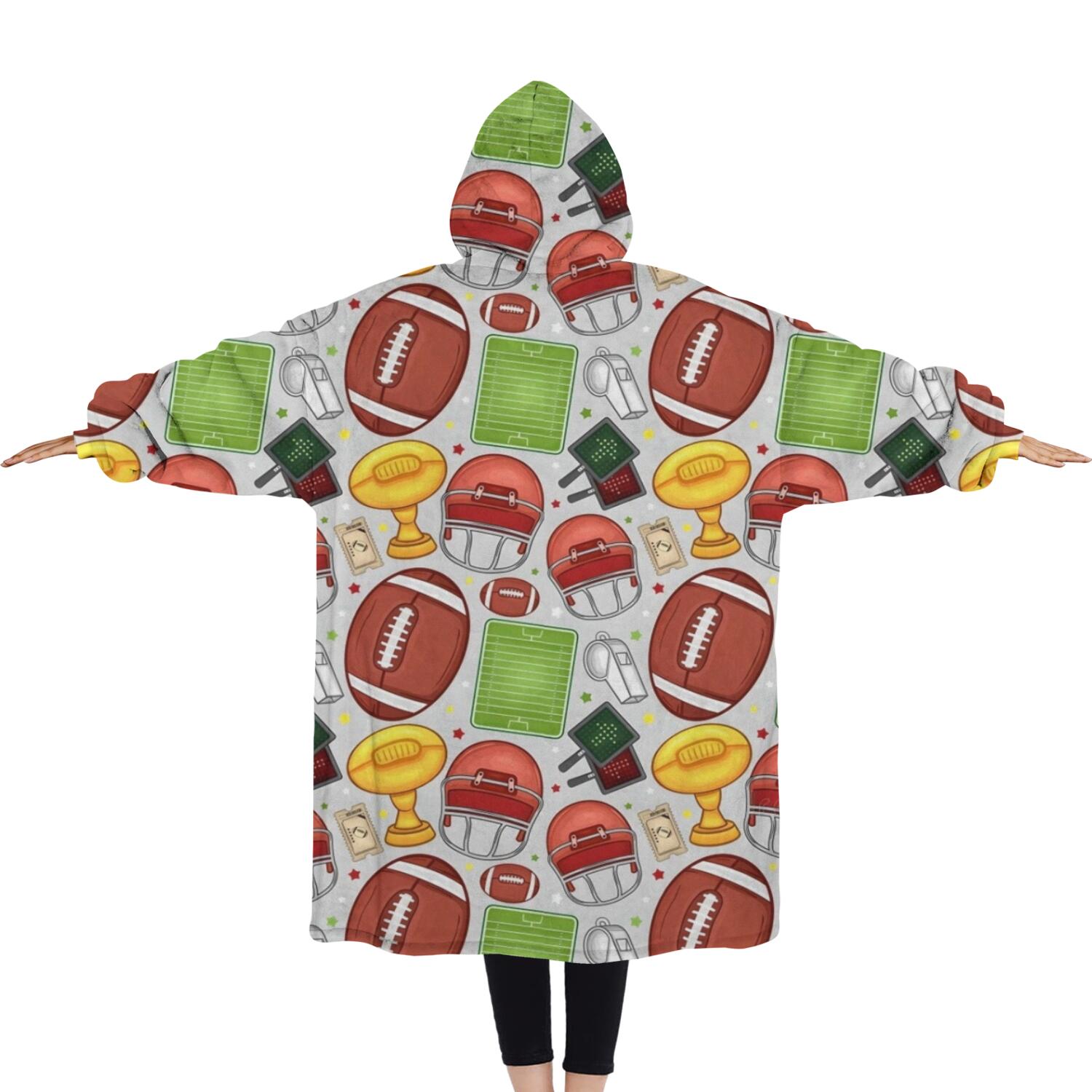 Oversized Wearable Blanket Hoodie,Gray Football Elements Pattern Sherpa Blanket Hoodie with Super Pockets,Super Warm Fuzzy Pullover for Women & Men