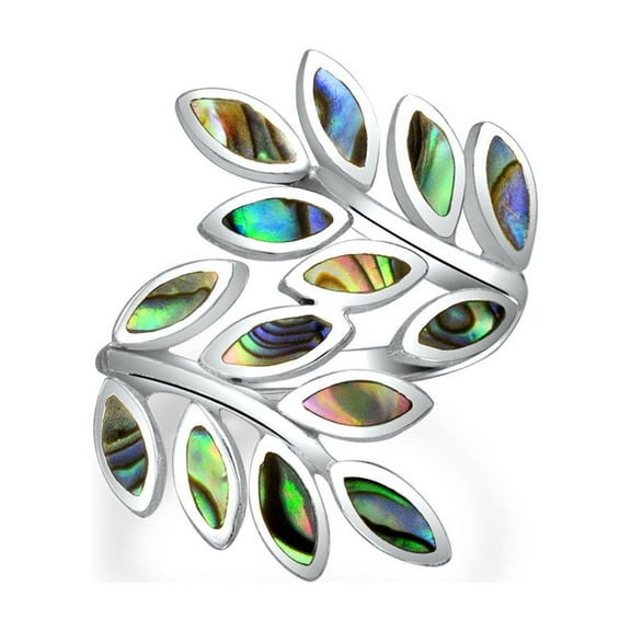 Bling Jewelry Womens Nature Ivy Rainbow Shell Wrap Silver Ring Laurel Vine Leaf Bypass Abalone Design