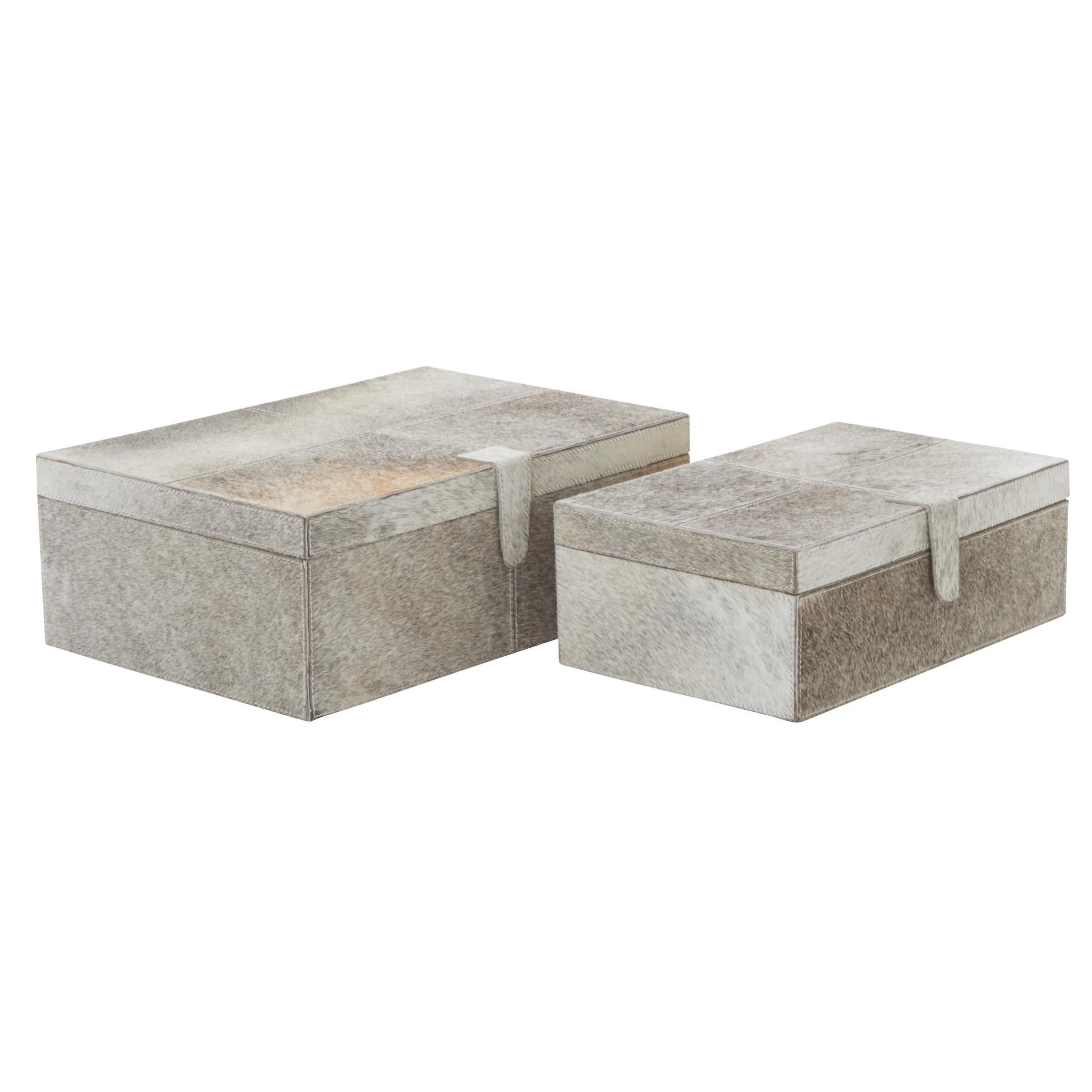 DecMode Handmade Gray Leather Decorative Box with Snap Front Closure and Detailed Stitching, 2 Count