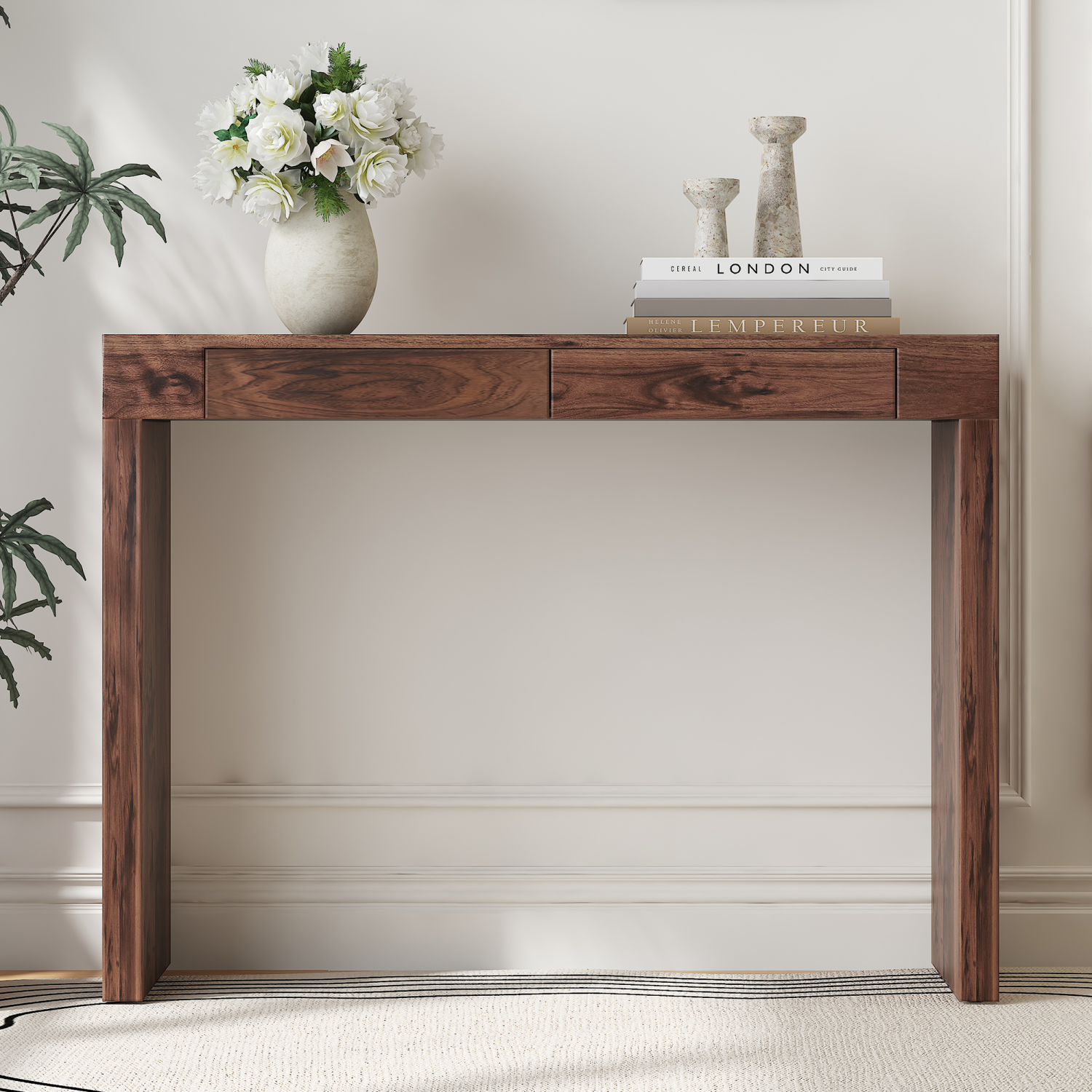 Youmumeub Modern Walnut Console Table & Desk, 50 Inch Narrow Entryway Table with Storage Drawers, High Standing Computer Desk for Home Office & Hallway, Natural