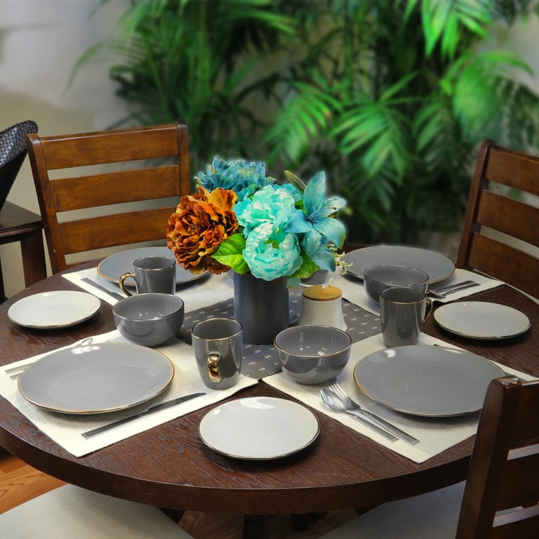 Elama Tahitian Grand 16 Pieces Luxurious Dinnerware Set in Stone