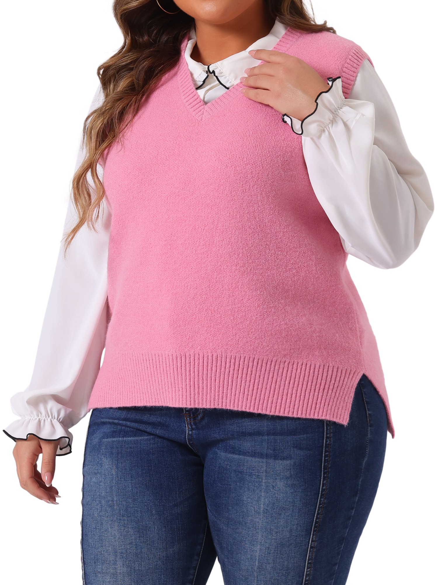 DARING DIVA Women's Plus Size V Neck Knit Sweater Vest 3X Pink