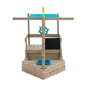 TP Toys Ahoy Ship Wooden Sandbox Cover Play Boat with Sunshade Sail, Hidden Sandpit, Splash Bowl, Storage Compartment & Pirate Play Features for Kids Ages 2+
