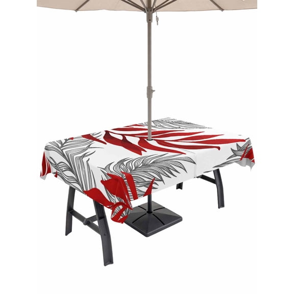Outdoor Tablecloth with Umbrella Hole for Patio/Picnic/Party/Camping, Red Leaves Waterproof Table Cloth Rectangle Table Cover Washable, Willow Leaf Abstract Plants Rustic Branch (60"x 120")