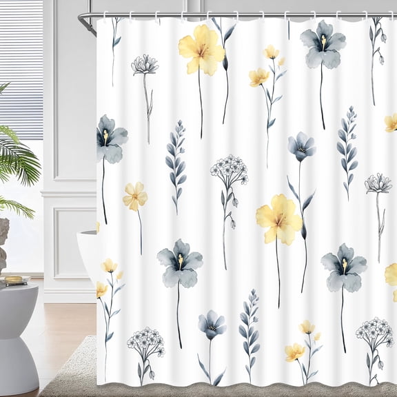 Ikfashoni Yellow Flowers Shower Curtain with Hooks,13pc Waterproof Fabric Bathroom Curtain, 72"X72"