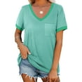 thumbnail image 2 of Ecqkame Womens Trendy Loose Tops Basic Casual Short Sleeve V Neck Tee Shirts Fashion Solid Color Patchwork Stretchy Tops 02-Green M, 2 of 9