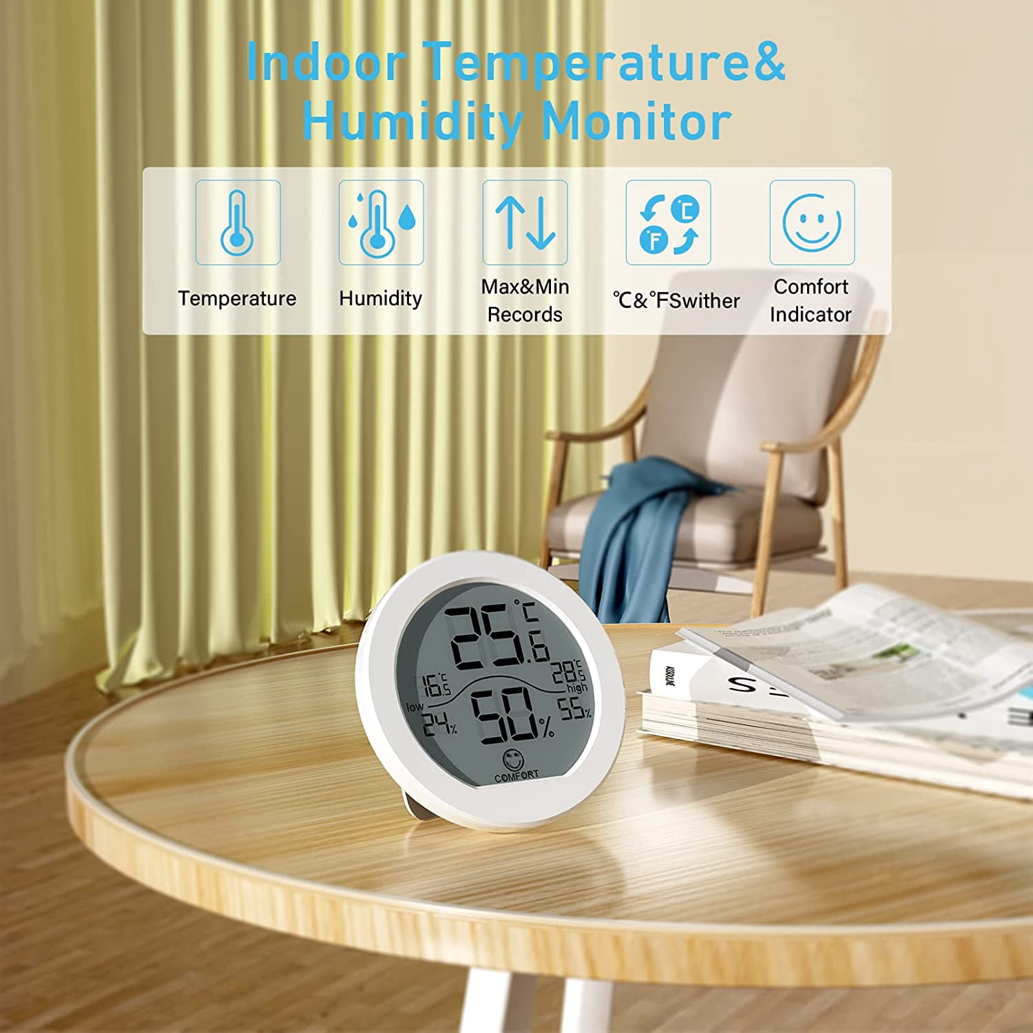 Hygrometer Thermometer for Room Temperature Humidity Meter Indoor Thermometer Accuracy Calibration LCD Temperature Sensor with Maximum and Minimum Records, TH1, White, 2 Pack