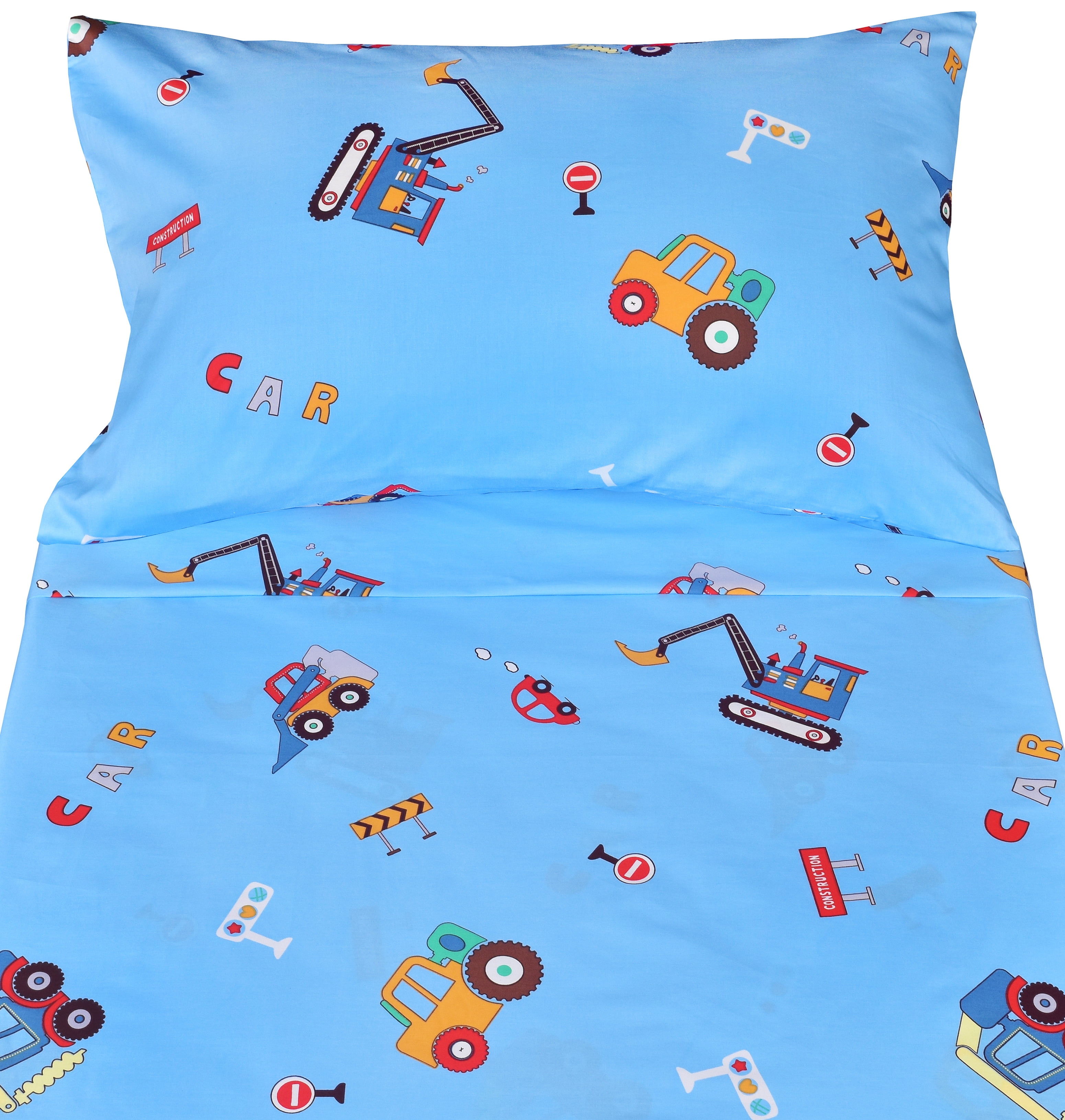 J-pinno Cars Truck Tractor Digger Building 100% Percale Cotton 3 Pieces Crib Sheet Set for Kids Toddler Boys Girls, Flat & Fitted Sheet & Pillowcase, Cozy Breathable Unisex Nursery School Bedding Set