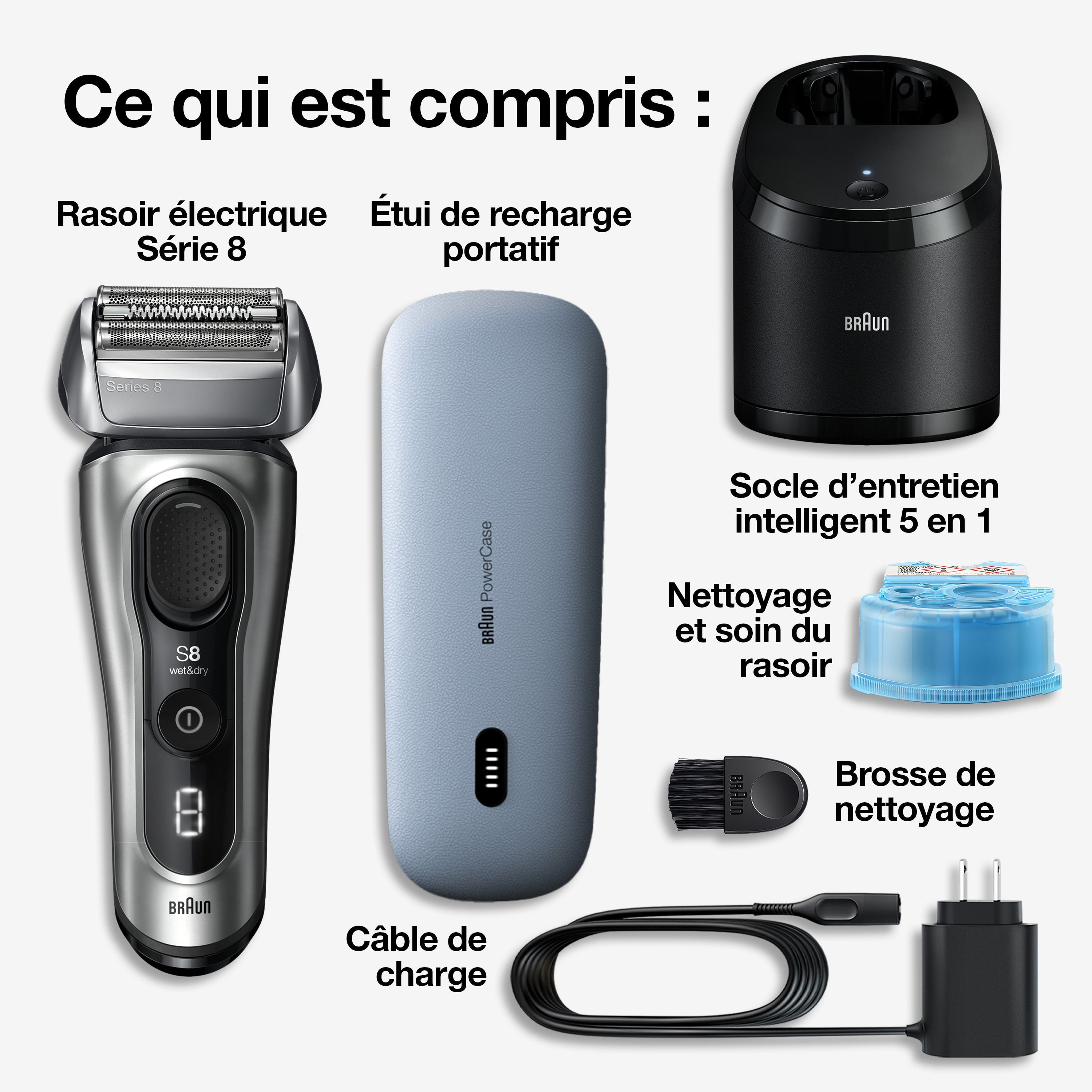 Rasoir électrique Braun Series 8, 4+1 éléments & tondeuse de précision pour poils longs, centre SmartCare 5 en 1, de près & en douceur même sur les barbes denses, étui pour chargement mobile, peau sèc