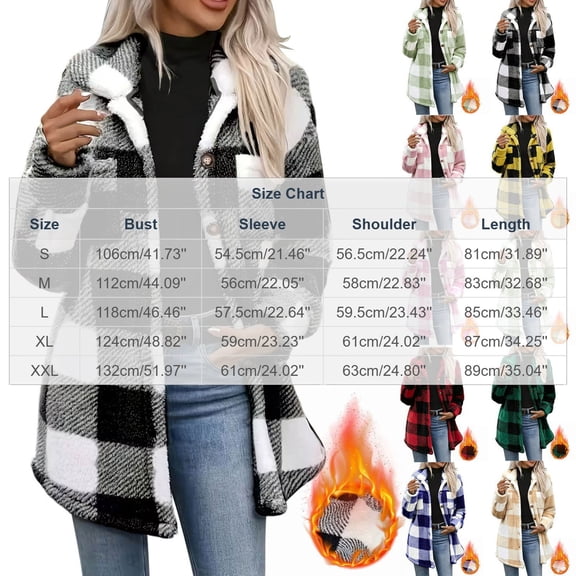 QIYAGBSA Plaid Fleece Jackets for Women Button Down Lapel Collar Fuzzy Plush Shacket Oversized Long Sleeve Fall Winter Warm Coat with Pockets