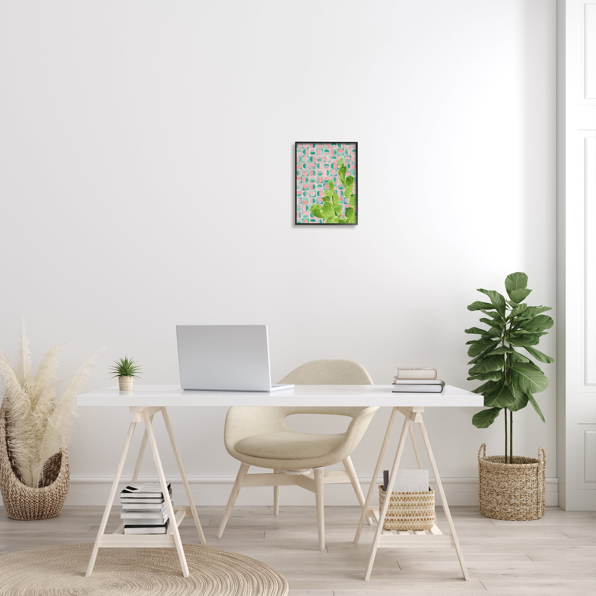 Stupell Industries Prickly Pear Desert Cactus over Geometric Pink Pattern Botanical & Floral Painting Black Framed Art Print Wall Art, 11 x 14