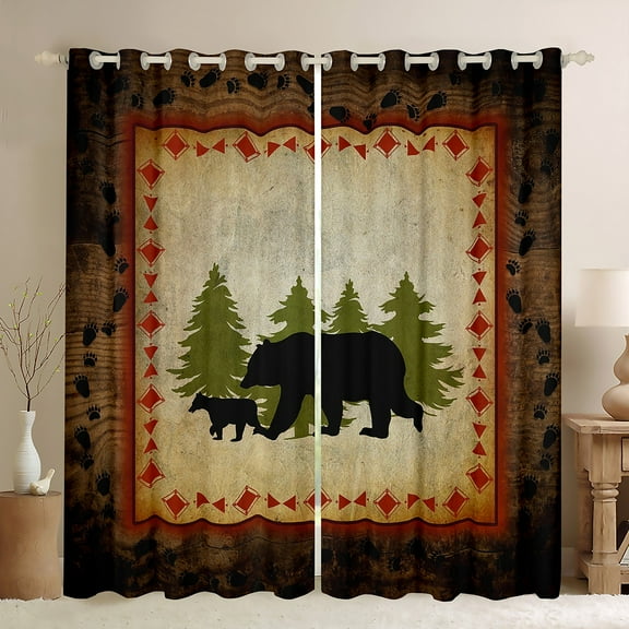 Bear Curtains Rustic Farmhouse Bear Wildlife Blackout Curtains for Bedroom Living Room Wild Bear Darkening Curtains Country Cabin Decor Woodland Bear Paw Print Window Treatments Brown Green 38"X45"