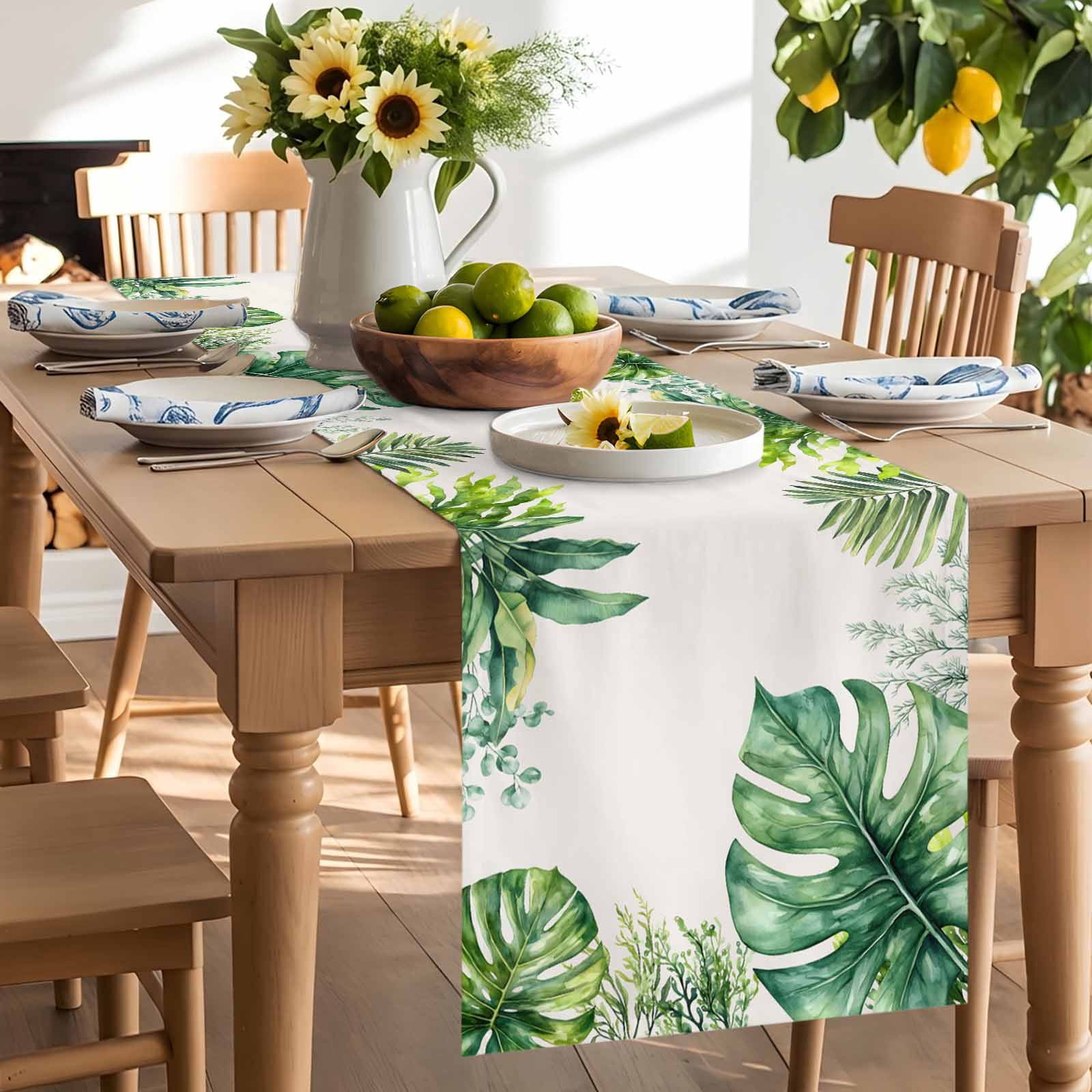 Summer Tropical Plants Palm Leaf Table Runner 90 Inches Long, Green Watercolor Leaves Table Runners Tabletop Scarf Kitchen Dining Tables Decoration for Home Party Indoor Outdoor