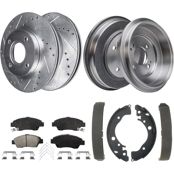Detroit Axle - Front Drilled and Slotted Brake Rotors Ceramic Pads Rear Brake Drums Shoes Replacement for 2009-2013 Honda Fit - 8pc Set