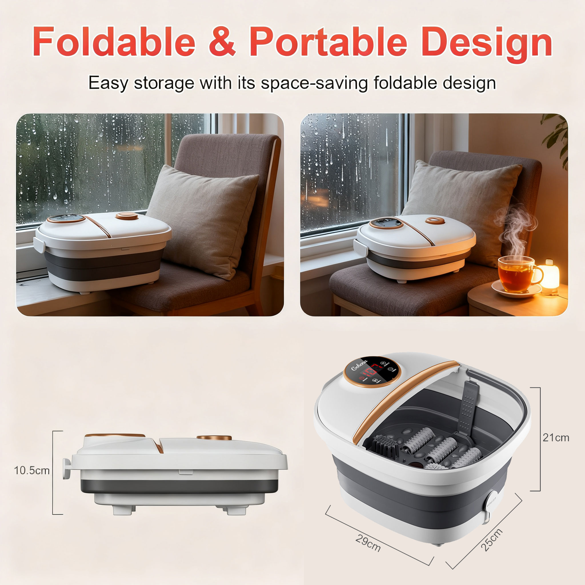 Gehana Foot Spa Massager with Heat, Red Light Therapy & Bubble Jets - Digital Display Foot Bath with Roller Massage for Stress Relief, Collapsible Design for Home Use