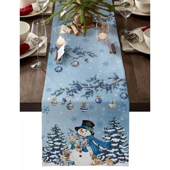 ERUNPONLY Blue Ombre Christmas Table Runner - 72 Inch Long Snowman Xmas Tree Balls Snowflake Cotton and Linen Blended Dress Scarves Farmhouse Table Runner for Kitchen Dining, Coffee Table, 13" x 72"