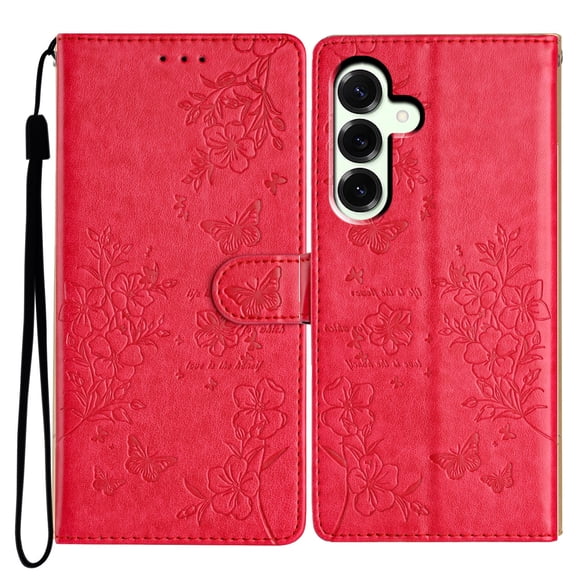 ELEHOLD For Samsung Galaxy S25 FE Flip Wallet Case with Card Slot Shockproof Floral Butterfly Pattern PU Leather Full Body Protective Cover with Wrist Strap, Red