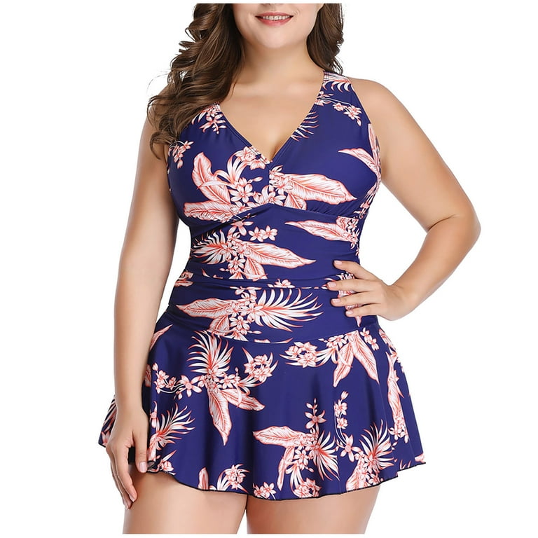 FAFWYP Womens Plus Size Hawaiian Swim Dress Two Piece Bathing Suit Sexy  Push-Up Split Tankini Swimsuit with Boyshort Bottom Swimwear Beachwear 