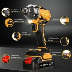 21V Cordless Impact Wrench 1/2 Inch 300Nm Brushless Motor with 2x2.0Ah Batteries, 3 Speed Settings, LED Light, 19 Accessories for Home and Auto, Yellow