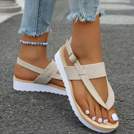Clearance & Promo Women s Summer Casual Herringbone Wide Strap Sandals  Big Size  Pigmented Toe Straps  Comfortable Flat Shoes  for Travel  Daily Wear  Non-Slip Outsole  Stylish Plus Pants|Pu Beige