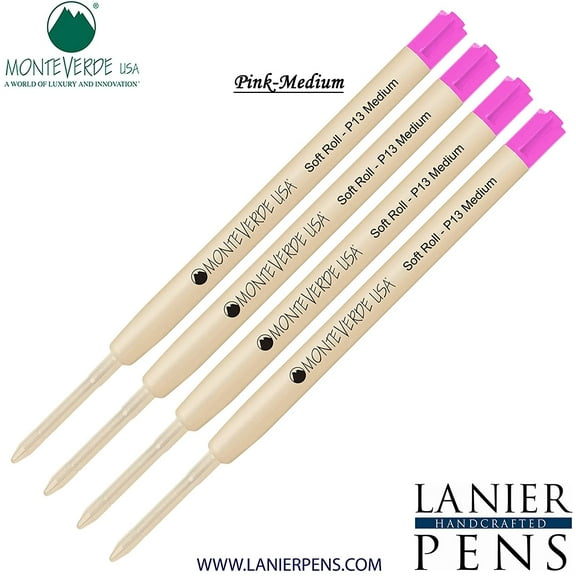 Lanier Combo Pack - 4 Pack - Monteverde SoftRoll Ballpoint P13 Paste Ink Refill Compatible with most Parker Style Ballpoint Pens - Pink (Medium Tip 0.7mm)