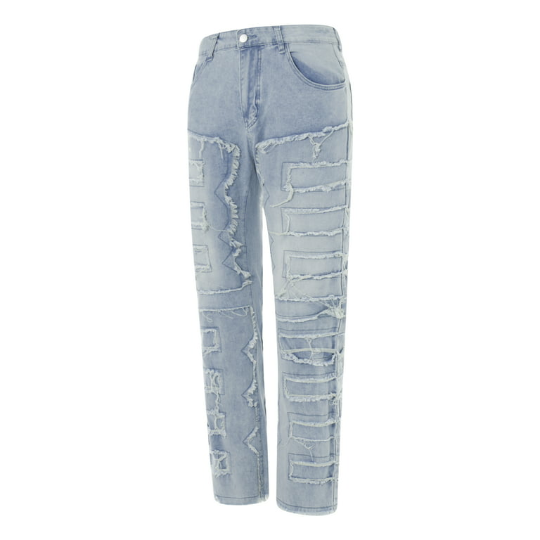Sunisery Men's Regular Fit Stacked Jeans Patch Distressed Denim Pants  Streetwear,Light Blue