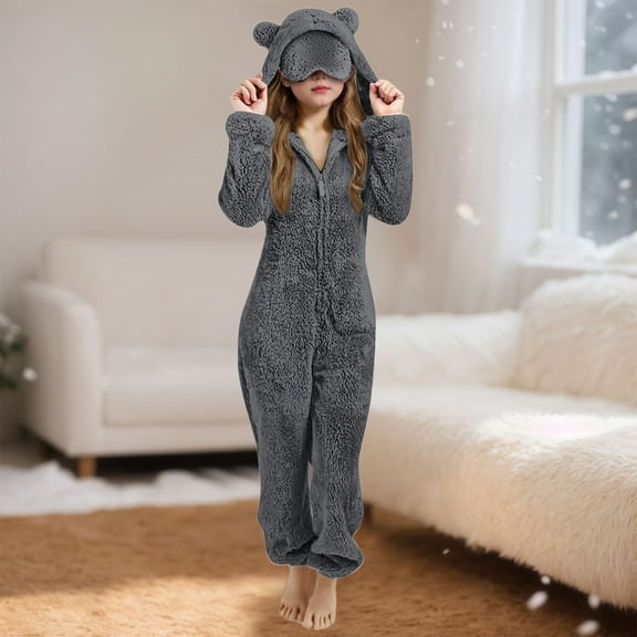 Fleece Girls Jumpsuit with Eye Mask Cat Ears Cute Onesie Zip Up Hooded Pajamas Girl Sleepwear (Grey 11-12 Years)