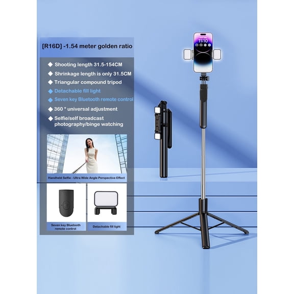 AKKHOO 60.63" Selfie Stick,360°Rotation Anti-shake Extendable Tripod for iPhone ,with Bluetooth Remote Control and Supplementary Light,Applicable to IPhone, Android and Samsung