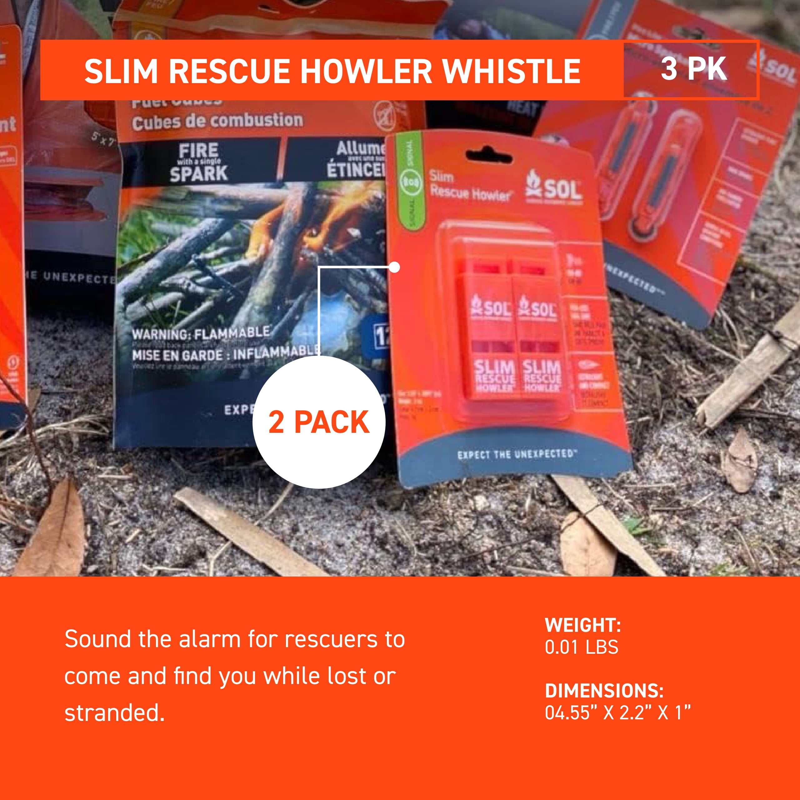 Survive Outdoors Longer Slim Rescue Howler Whistle, 2ct (Pack of 3)