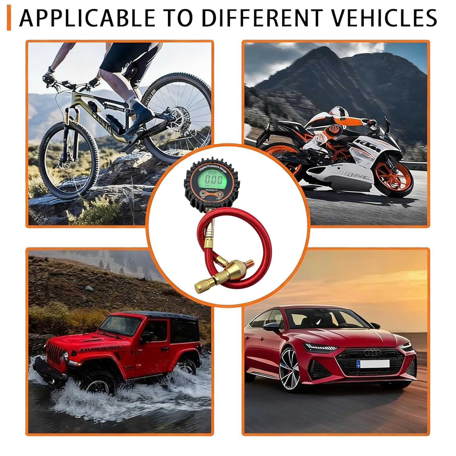 SUVCARMPING 250 PSI Digital Tire Pressure Gauge (±1% Accuracy) - Easy-to-Read Display with Valve Cap & 4-Way Valve Tool, Red