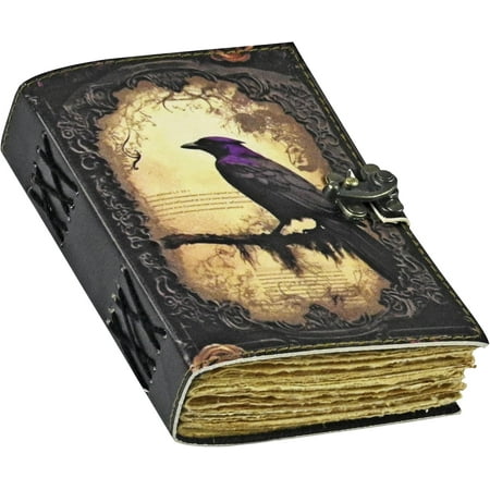 Foja Handicraft Leather Journal Gothic Notebook The Raven Grimoire Print - Vintage Handamde Journal Book of Shadows Witchcrafts Journal Gifts for Men 7x5 inch