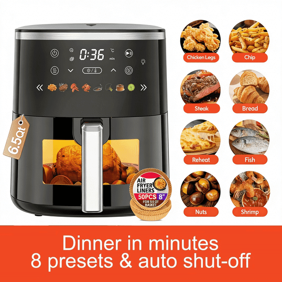 BEINILA 6.5 Qt Large Air Fryer Digital Control With View Window 8 Presets For Fast Family Meals Temp Timer Adjustable Roast Bake Crisp French Fries Steak 1550W