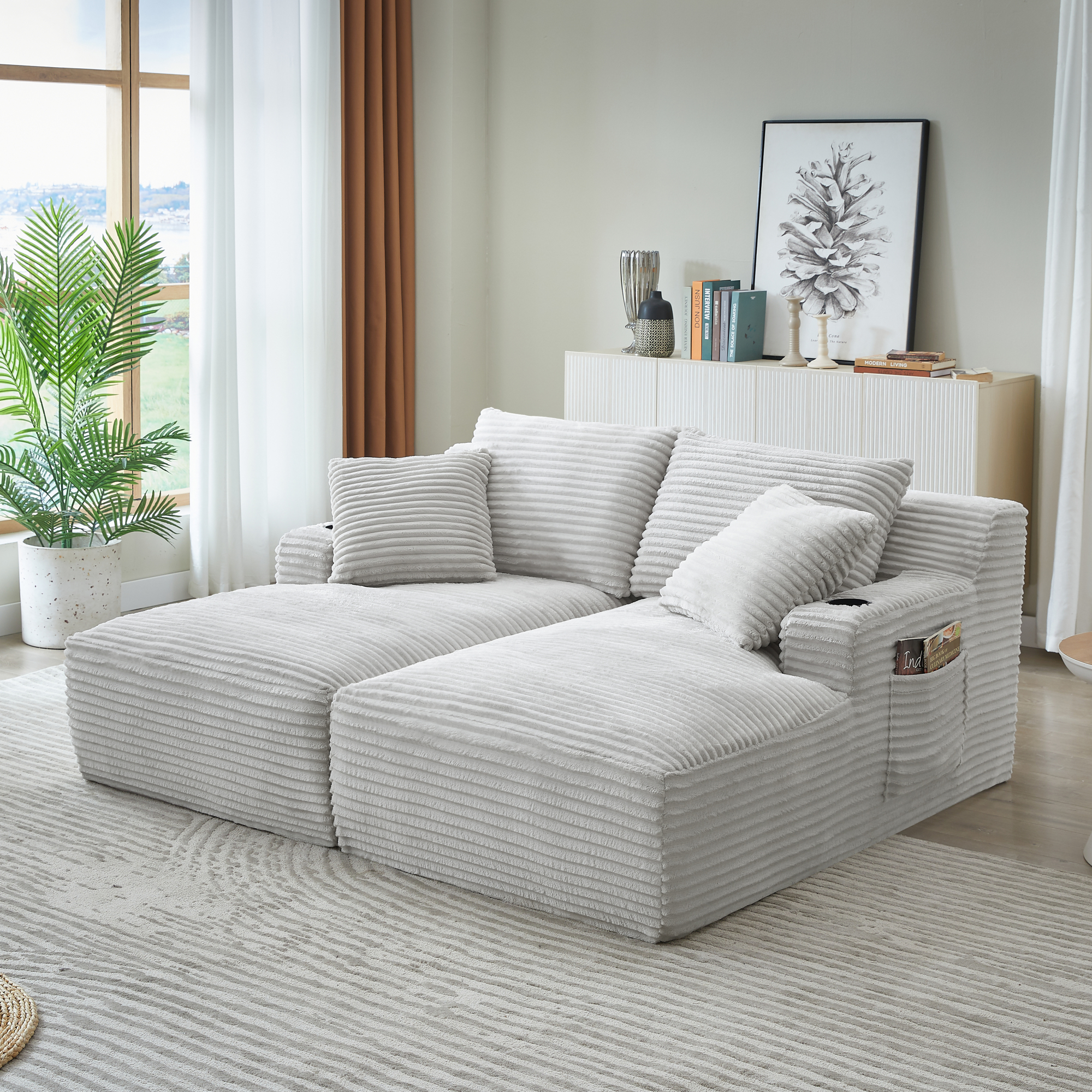 Leumius Oversized Double Chaise Lounge Sofa Bed, Boneless Lounge Sofa Bed with Cupholders,Fluffy Modern Sleeper Loveseat for Living Room,No Assembly Required,Light Gray