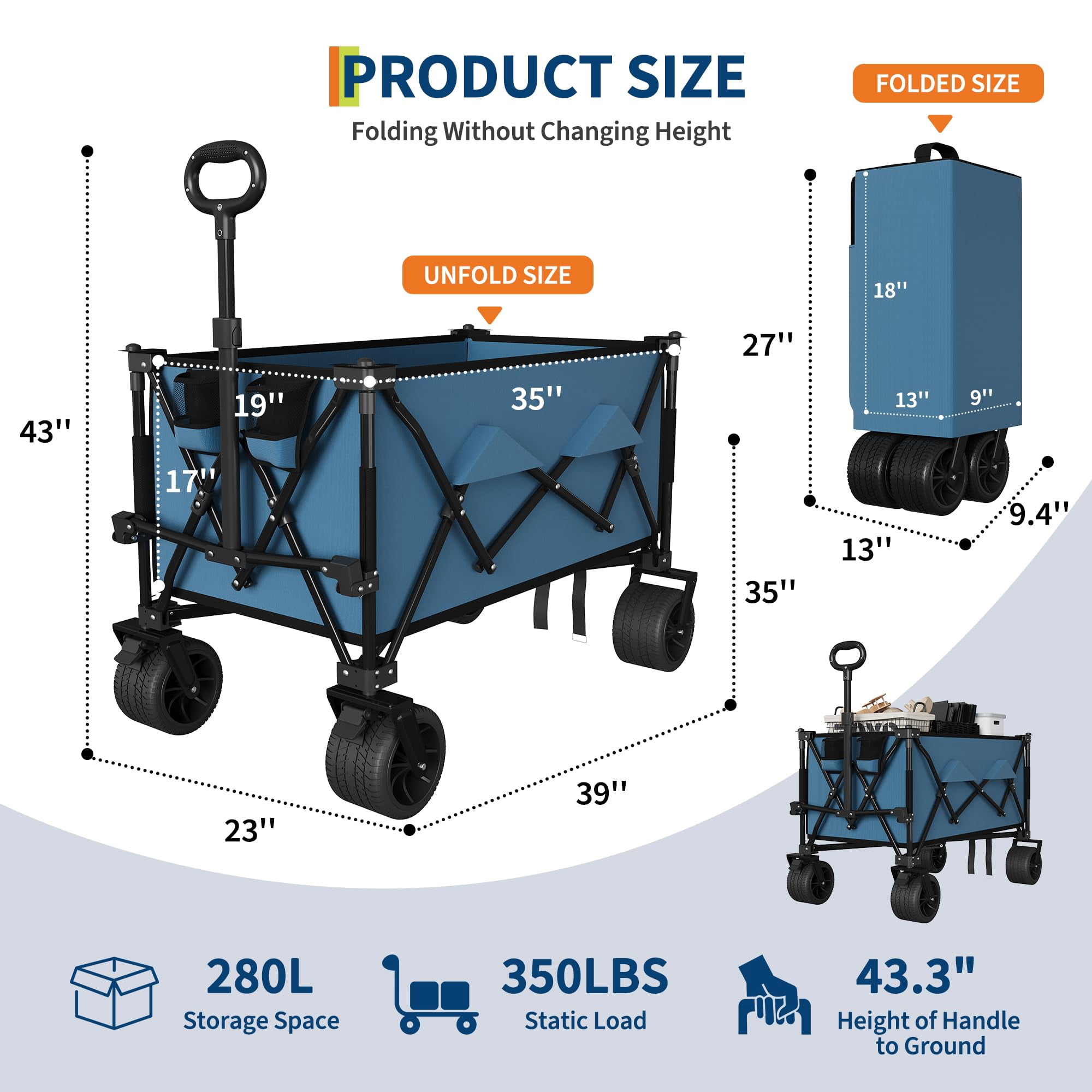 Soonbuy 35" Outdoor Heavy Duty Foldable Wagon for Beach, Large Collapsible Camping Wagon, All Terrain Beach Wagons Extended with Cup Holders for Sand, Garden, Patio, Backyard, Black/Blue/Red