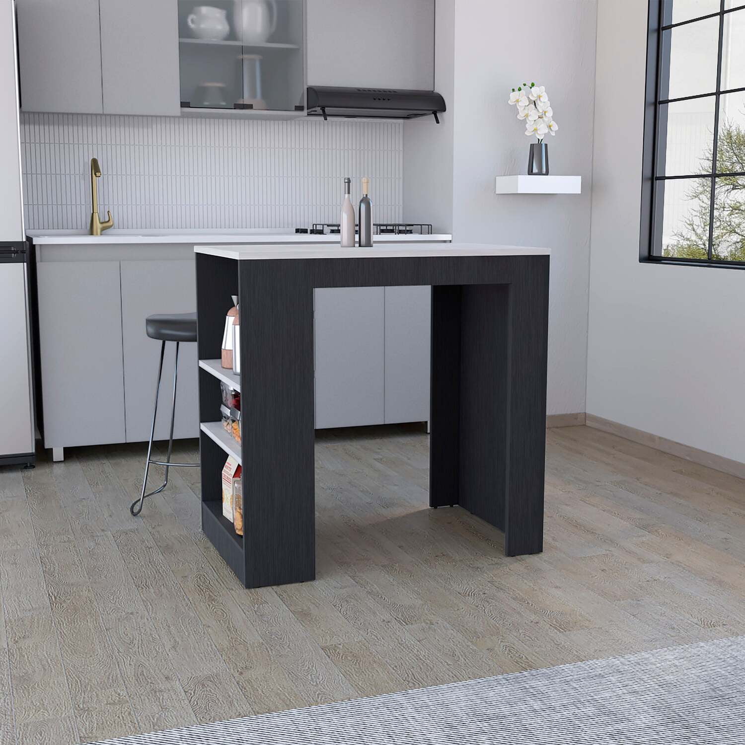 Portree Kitchen Island with Spacious Top Surface, Three Accessible Side Shelves