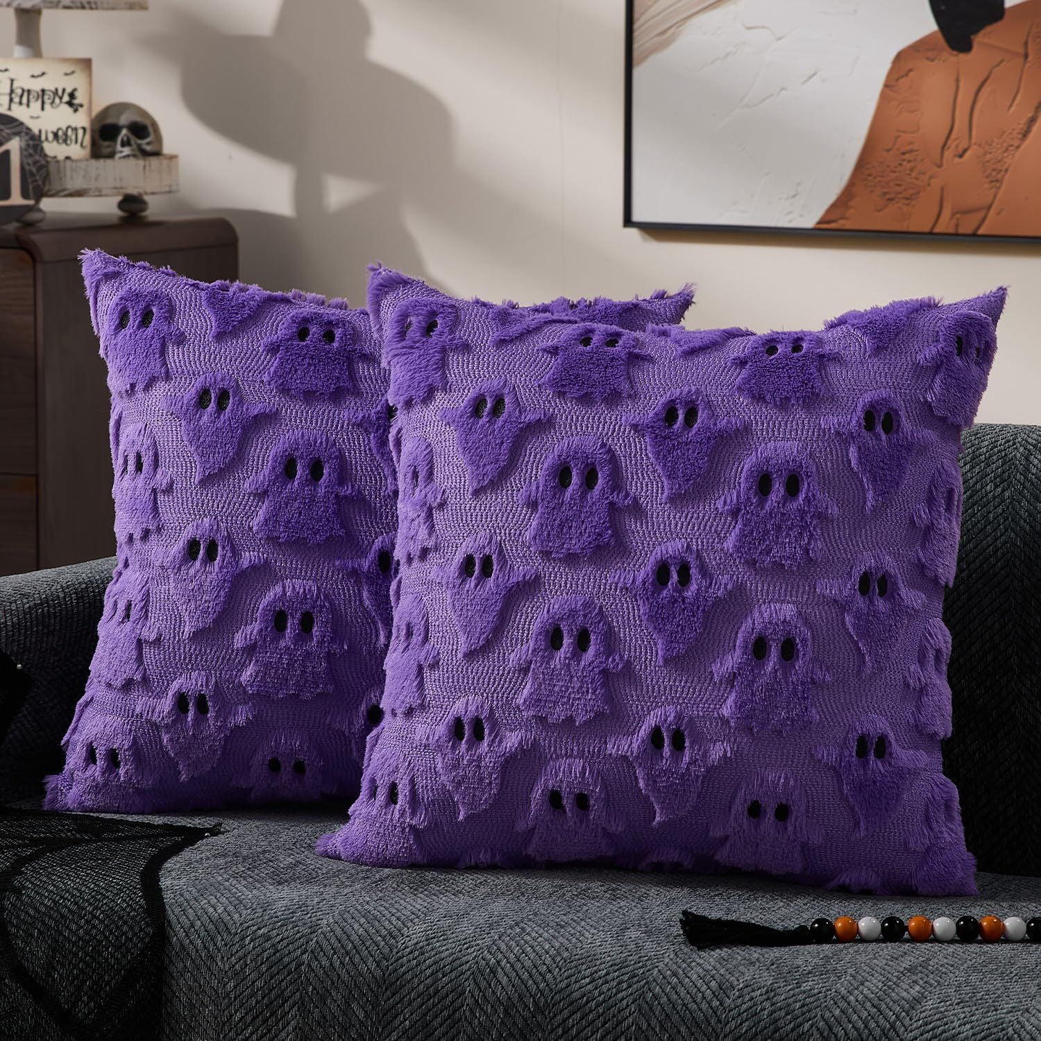 Set of 2 White Ghost Pillow Covers 16x16 Inch Happy Halloween Throw Pillow
