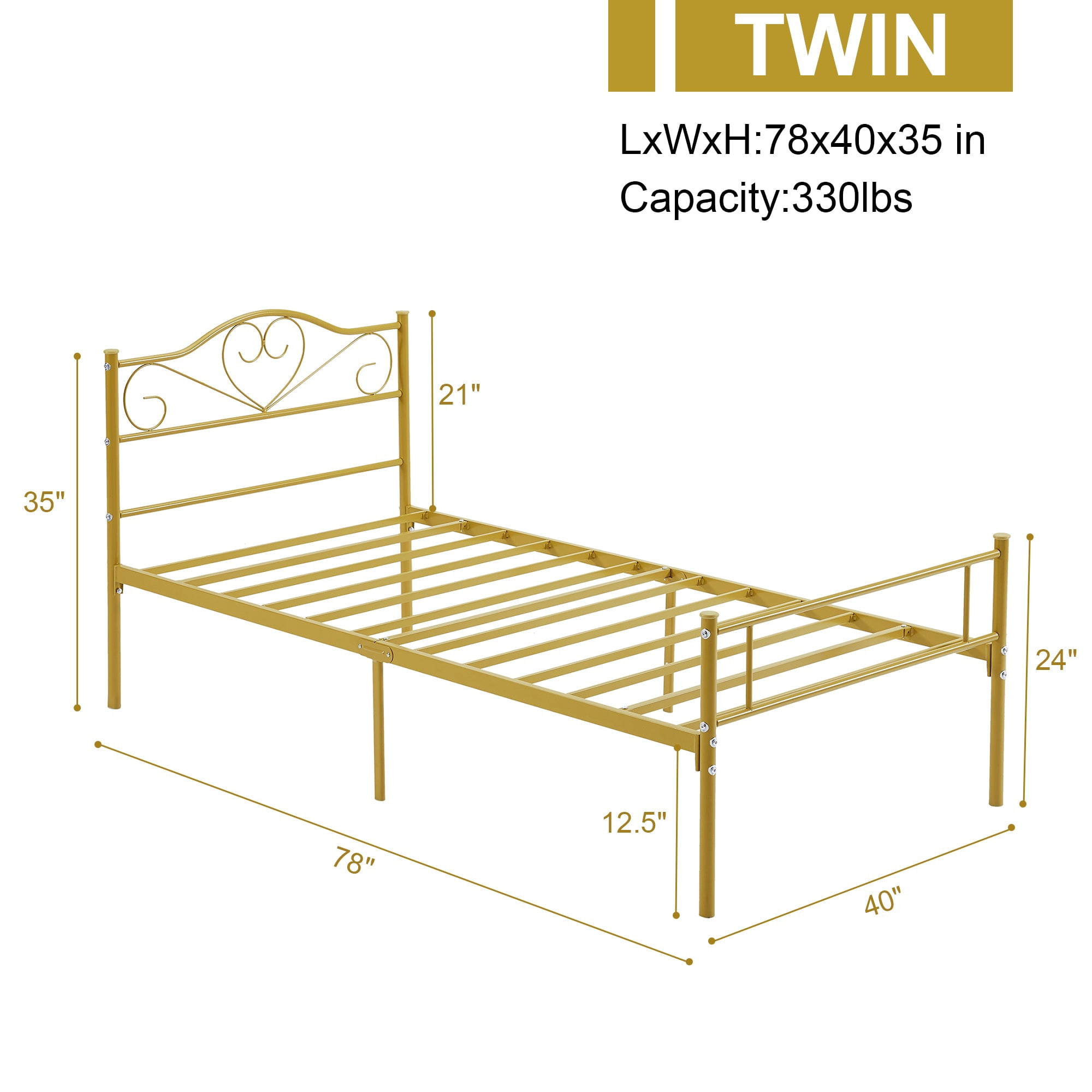 14 Inch Twin Size Metal Platform Bed Frame with Headboard and Footboard, Heavy Duty Mattress Foundation with Steel Slats Support, No Box Spring Needed, Gold