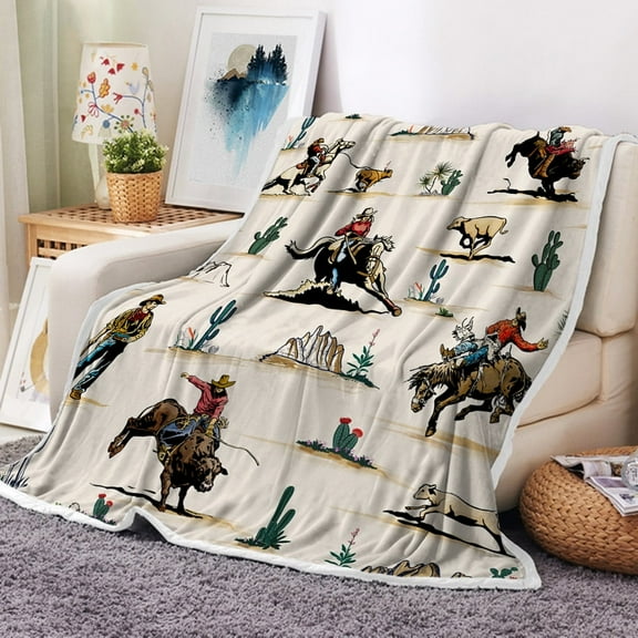Western Blanket, Western Throw Blanket for Couch Sofa 50" x 60", Farmhouse Country Cactus Throw Blanket for Bed American Wild West Cowboy Riding Horse in Desert Western Blanket